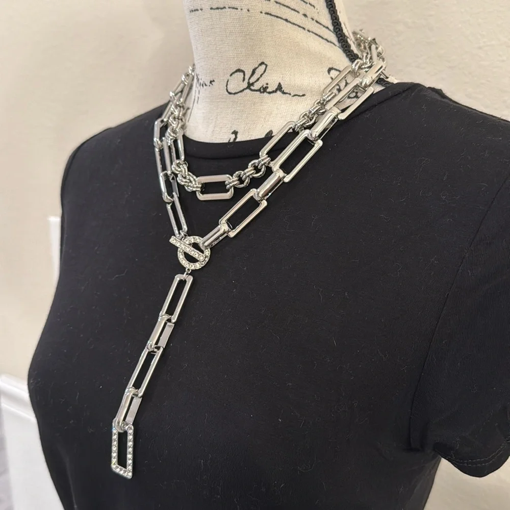 INC International Pavé Link Silver Layered Lariat Necklace